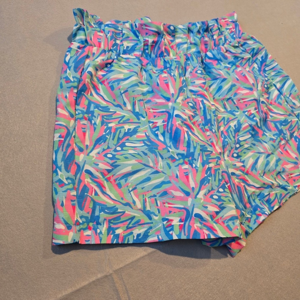 Simply Southern Tropical Palm Print Paperbag Waist Shorts M Blue Pink Resort